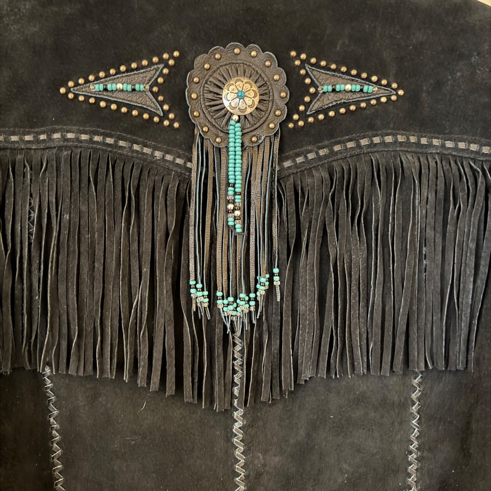 Vintage Black Suede fringe cropped jacket- Large - Picture 4 of 7